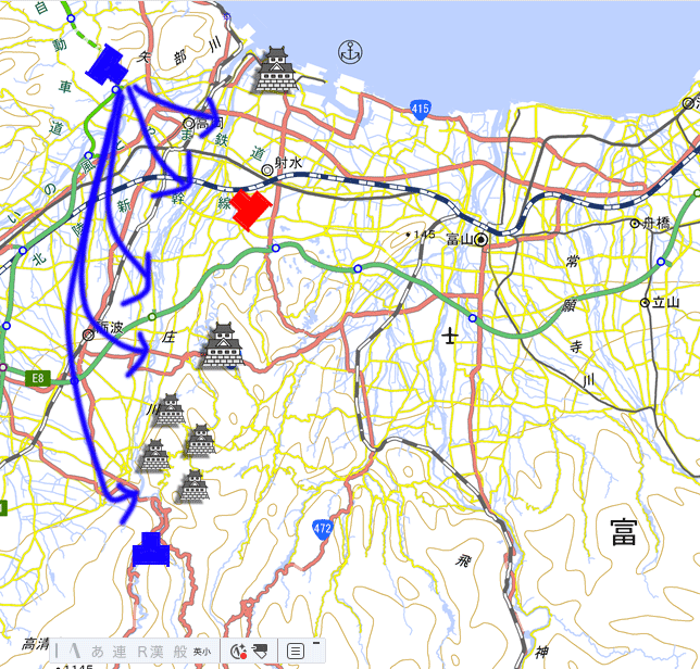両軍激突直前！　両越騒乱、庄川の戦い、始まる。